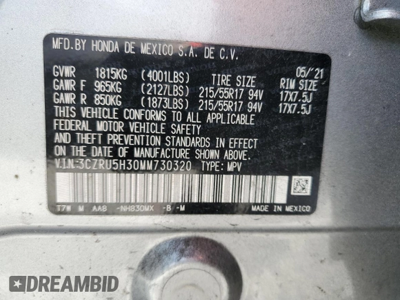 2021 Honda HR-V LX with VIN 3CZRU5H30MM730320, listed as a Copart auction lot 48771115 with 133,246 mi miles and Non Repairable. Bid and sale history available at DreamBid. Image 13.