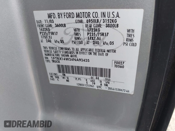 2004 Ford F-150 STX z VIN 1FTRX14W34NA93435, wystawiony jako IAAI lot #42736112 z przebiegiem Nie podano mil oraz . Historia ofert i sprzedaży dostępna na DreamBid. Obrazek 9.