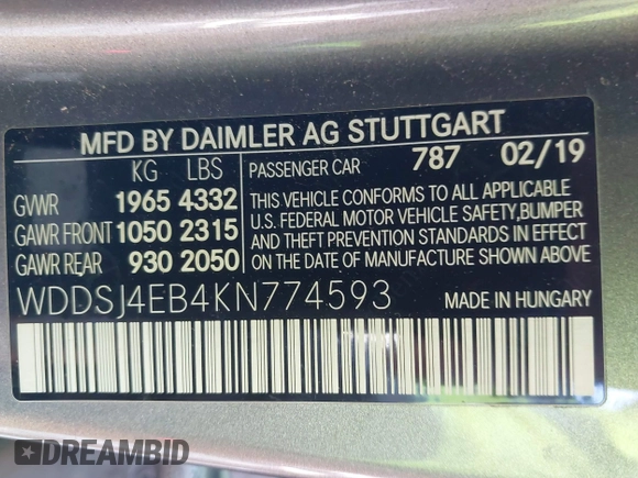 2019 Mercedes-Benz CLA 250 with VIN WDDSJ4EB4KN774593, listed as a IAAI auction lot 41711542 with 78,926 mi miles and . Bid and sale history available at DreamBid. Image 9.