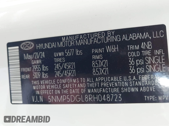 2024 Hyundai Santa Fe Calligraphy with VIN 5NMP5DGL8RH048723, listed as a IAAI auction lot 42063740 with Not provided miles and . Bid and sale history available at DreamBid. Image 9.