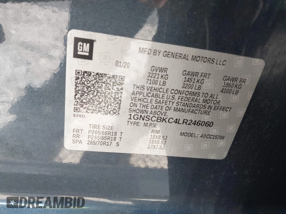 2020 Chevrolet Tahoe LT with VIN 1GNSCBKC4LR246060, listed as a IAAI auction lot 41272902 with 105,417 mi miles and . Bid and sale history available at DreamBid. Image 9.