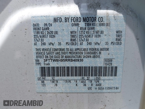 2024 Ford Maverick XLT with VIN 3FTTW8H95RRB40930, listed as a IAAI auction lot 42751253 with 6,596 mi miles and . Bid and sale history available at DreamBid. Image 9.