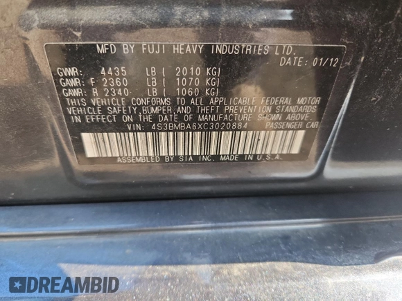 2012 Subaru Legacy 2.5i с VIN 4S3BMBA6XC3020884, выставлен на аукционе Copart как лот 66877515 с пробегом 157 141 миль миль и Чистый • Clean title. История ставок и продаж доступна на DreamBid. Изображение 12.