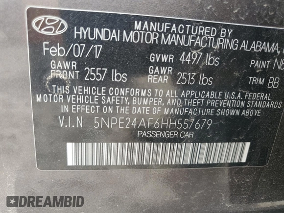2017 Hyundai Sonata SE with VIN 5NPE24AF6HH557679, listed as a Copart auction lot 51521615 with 148,337 mi miles and Salvage Title. Bid and sale history available at DreamBid. Image 13.