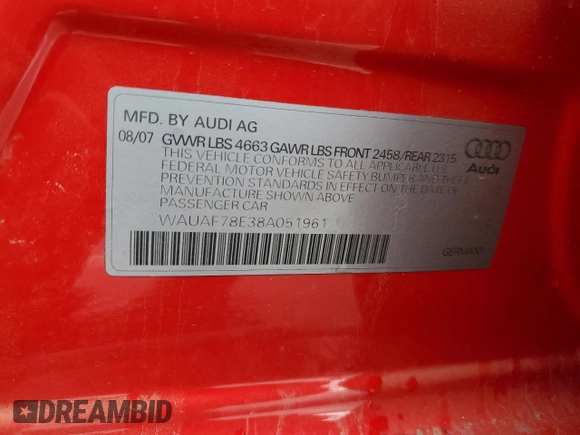 2008 Audi A4 2.0T with VIN WAUAF78E38A051961, listed as a Copart auction lot 86548634 with 170,675 mi miles and Salvage Title. Bid and sale history available at carsss.com. Image 12.