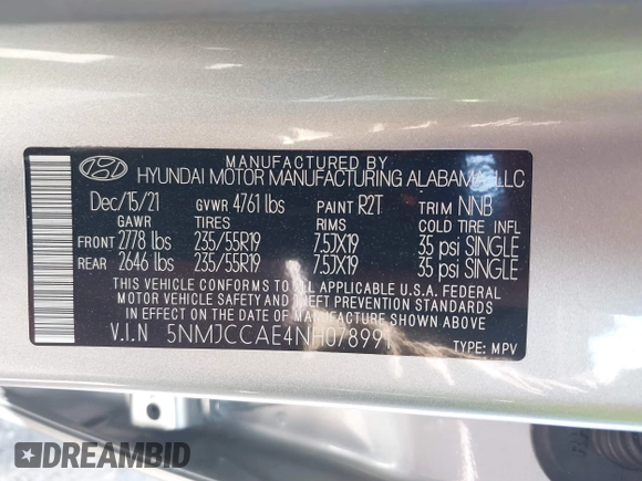 2022 Hyundai Tucson SEL with VIN 5NMJCCAE4NH078991, listed as a IAAI auction lot 41990599 with 37,384 mi miles and . Bid and sale history available at DreamBid. Image 9.