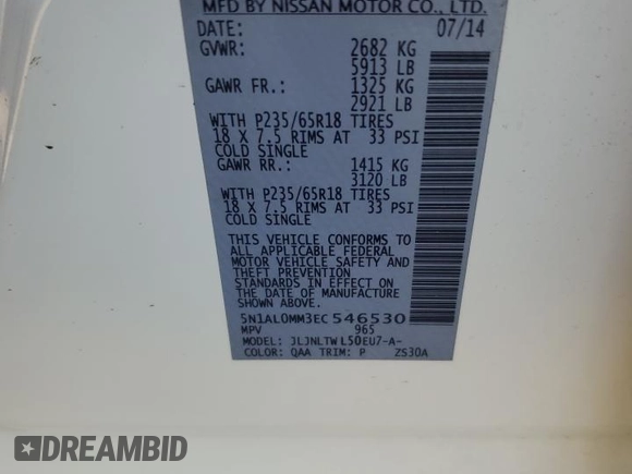 2014 Infiniti QX60 with VIN 5N1AL0MM3EC546530, listed as a Copart auction lot 47818965 with 141,099 mi miles and Salvage title. Bid and sale history available at DreamBid. Image 15.