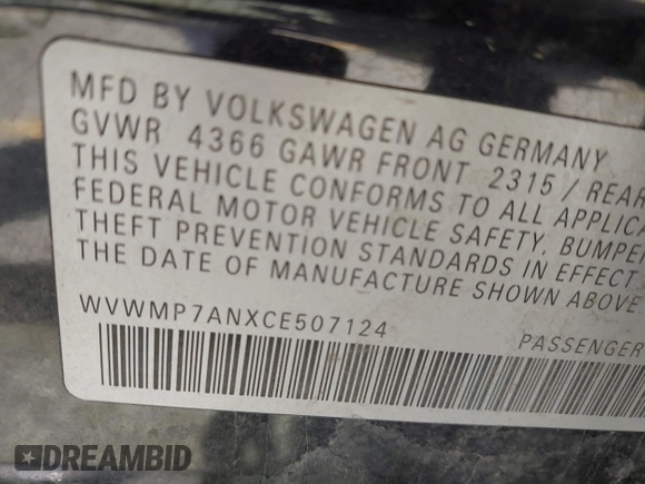 2012 Volkswagen CC Sport PZEV with VIN WVWMP7ANXCE507124, listed as a IAAI auction lot 42105616 with 128,873 mi miles. Bid and sale history available at carsss.com. Image 9.