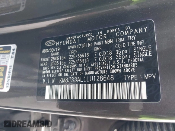 2020 Hyundai Tucson Sport с VIN KM8J33AL1LU128648, выставлен на аукционе IAAI как лот 41476040 с пробегом 66 526 миль миль и . История ставок и продаж доступна на DreamBid. Изображение 9.