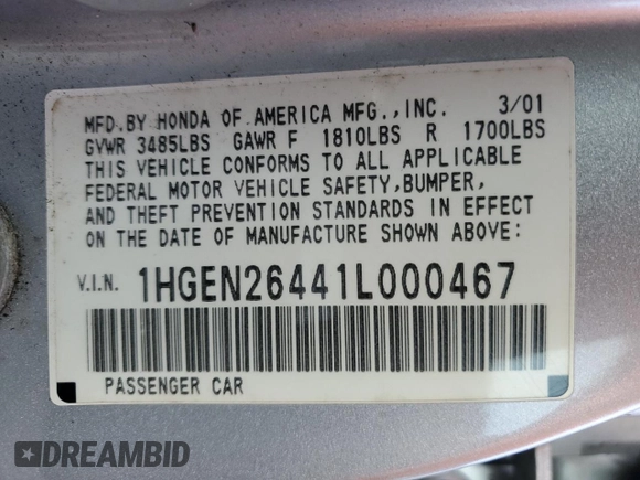 2001 Honda Civic z VIN 1HGEN26441L000467, wystawiony jako Copart lot #42030025 z przebiegiem 92 991 mil mil oraz Czysty tytuł • Clean title. Historia ofert i sprzedaży dostępna na DreamBid. Obrazek 12.