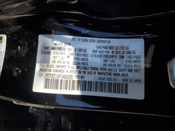 2015 Mazda CX-9 Touring with VIN JM3TB3CV8F0464265, listed as a Copart auction lot 64359885 with 95,980 mi miles and Salvage title. Bid and sale history available at DreamBid. Image 14.