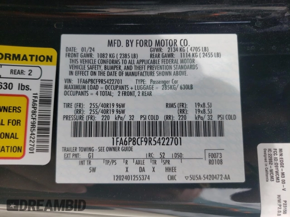 2024 Ford Mustang GT with VIN 1FA6P8CF9R5422701, listed as a Copart auction lot 53129985 with 11,027 mi miles and Clean title. Bid and sale history available at DreamBid. Image 12.