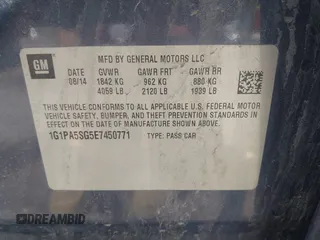 2014 Chevrolet Cruze LS with VIN 1G1PA5SG5E7450771, listed as a IAAI auction lot 42214200 with 66,312 mi miles and . Bid and sale history available at DreamBid. Image 9.