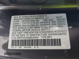 2021 Honda Pilot EX with VIN 5FNYF5H35MB036402, listed as a IAAI auction lot 42280114 with Not provided miles and . Bid and sale history available at DreamBid. Image 9.