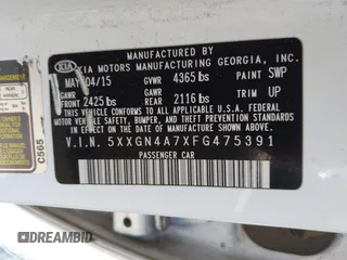2015 Kia Optima EX with VIN 5XXGN4A7XFG475391, listed as a IAAI auction lot 42468698 with 144,914 mi miles and . Bid and sale history available at DreamBid. Image 9.