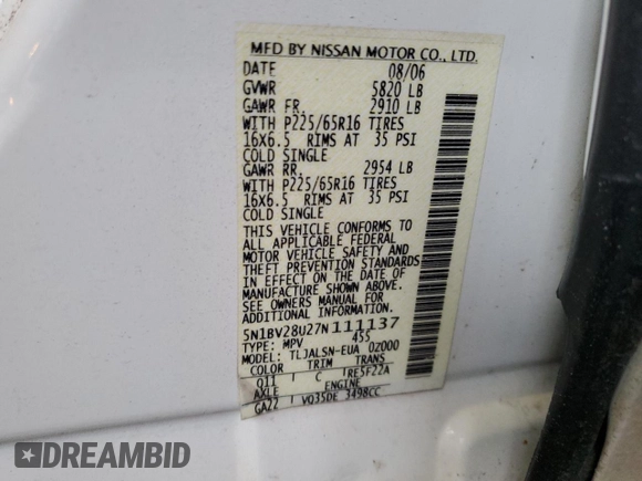 2007 Nissan Quest S with VIN 5N1BV28U27N111137, listed as a Copart auction lot 45334165 with 91,601 mi miles and Non Repairable. Bid and sale history available at carsss.com. Image 13.