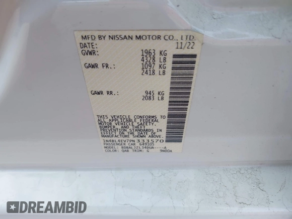 2023 Nissan Altima SL with VIN 1N4BL4EV7PN333570, listed as a IAAI auction lot 41697717 with 16,499 mi miles and . Bid and sale history available at DreamBid. Image 9.