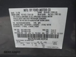 2021 Ford EcoSport SE with VIN MAJ3S2GE6MC403950, listed as a IAAI auction lot 41606208 with 50,581 mi miles and . Bid and sale history available at DreamBid. Image 9.