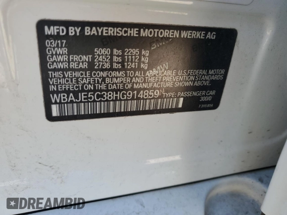 2017 BMW 5 Series 540i with VIN WBAJE5C38HG914859, listed as a Copart auction lot 50628155 with Not provided miles and Salvage title. Bid and sale history available at DreamBid. Image 12.