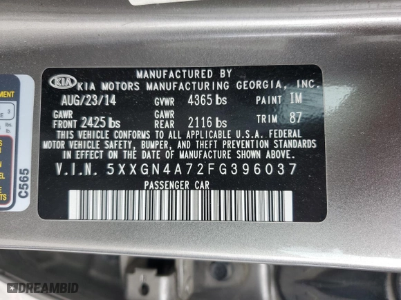 2015 Kia Optima EX with VIN 5XXGN4A72FG396037, listed as a Copart auction lot 52730345 with 121,031 mi miles and Salvage Title. Bid and sale history available at carsss.com. Image 13.