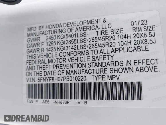2023 Honda Passport Elite with VIN 5FNYF8H07PB010220, listed as a IAAI auction lot 41675730 with 25,128 mi miles and . Bid and sale history available at DreamBid. Image 9.