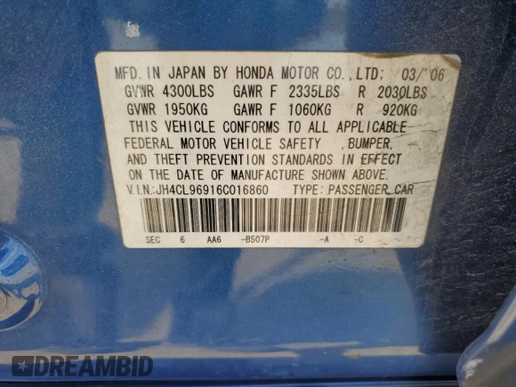 2006 Acura TSX Navi with VIN JH4CL96916C016860, listed as a Copart auction lot 54047475 with Not provided miles and Non repairable. Bid and sale history available at DreamBid. Image 12.