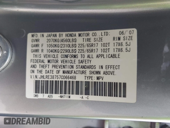 2007 Honda CR-V EX-L with VIN JHLRE38757C066468, listed as a IAAI auction lot 42104963 with 87,662 mi miles and . Bid and sale history available at carsss.com. Image 9.