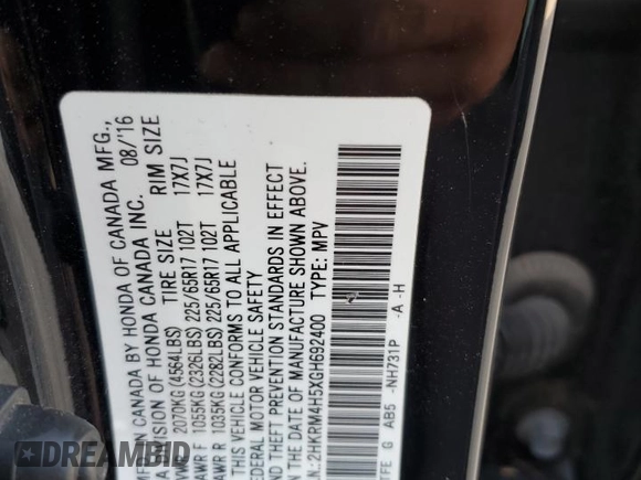 2016 Honda CR-V EX z VIN 2HKRM4H5XGH692400, wystawiony jako Copart lot #51647375 z przebiegiem 115 200 mil mil oraz Szkoda całkowita • Salvage title. Historia ofert i sprzedaży dostępna na DreamBid. Obrazek 15.