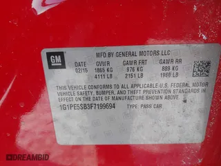 2015 Chevrolet Cruze LT with VIN 1G1PE5SB3F7199694, listed as a IAAI auction lot 41621606 with 121,368 mi miles. Bid and sale history available at carsss.com. Image 9.