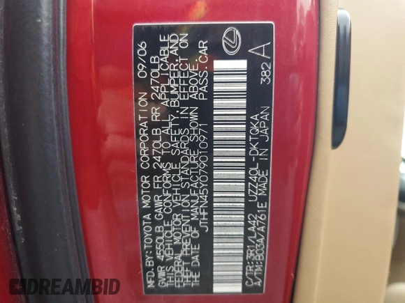 2007 Lexus SC 430 with VIN JTHFN45Y079010971, listed as a Copart auction lot 73927854 with 86,436 mi miles and Non Repairable. Bid and sale history available at DreamBid. Image 13.