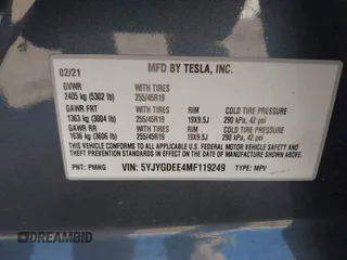 2021 Tesla Model Y Long Range with VIN 5YJYGDEE4MF119249, listed as a IAAI auction lot 41764711 with 87,796 mi miles. Bid and sale history available at carsss.com. Image 9.