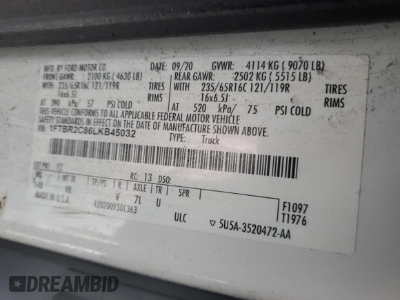 2020 Ford Transit Cargo with VIN 1FTBR2C86LKB45032, listed as a Copart auction lot 86892024 with 186,601 mi miles and Salvage Title. Bid and sale history available at carsss.com. Image 13.