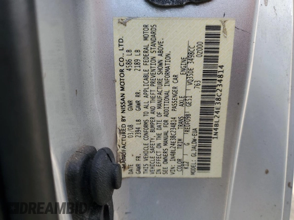 2008 Nissan Altima SE z VIN 1N4BL24E38C234814, wystawiony jako Copart lot #57090515 z przebiegiem 135 916 mil mil oraz Szkoda całkowita • Salvage title. Historia ofert i sprzedaży dostępna na DreamBid. Obrazek 12.