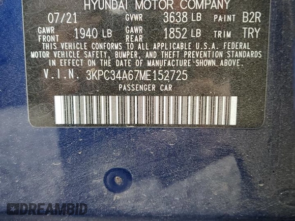 2021 Hyundai Accent Limited with VIN 3KPC34A67ME152725, listed as a Copart auction lot 74799464 with 24,519 mi miles and Salvage Title. Bid and sale history available at carsss.com. Image 14.