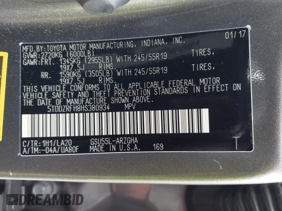 2017 Toyota Highlander Limited with VIN 5TDDZRFH8HS380934, listed as a IAAI auction lot 42630478 with 87,634 mi miles and . Bid and sale history available at DreamBid. Image 9.