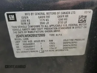 2014 GMC Terrain SLE with VIN 2GKFLWEK2E6272809, listed as a Copart auction lot 59987955 with 138,122 mi miles and Clean title. Bid and sale history available at DreamBid. Image 13.
