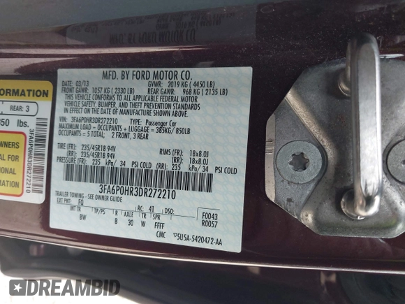 2013 Ford Fusion SE with VIN 3FA6P0HR3DR272210, listed as a IAAI auction lot 42007757 with 89,159 mi miles and . Bid and sale history available at DreamBid. Image 9.