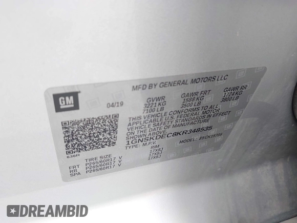 2019 Chevrolet Tahoe Commercial with VIN 1GNSKDEC8KR348535, listed as a IAAI auction lot 42800998 with 133,474 mi miles and . Bid and sale history available at DreamBid. Image 9.
