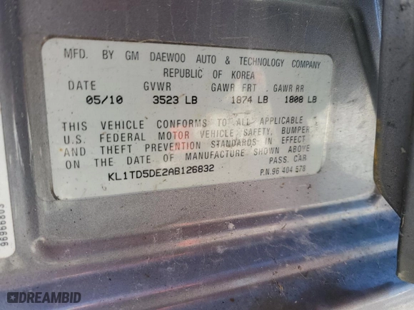 2010 Chevrolet Aveo LT w/1LT with VIN KL1TD5DE2AB126832, listed as a Copart auction lot 52104765 with 213,673 mi miles and Salvage Title. Bid and sale history available at carsss.com. Image 12.