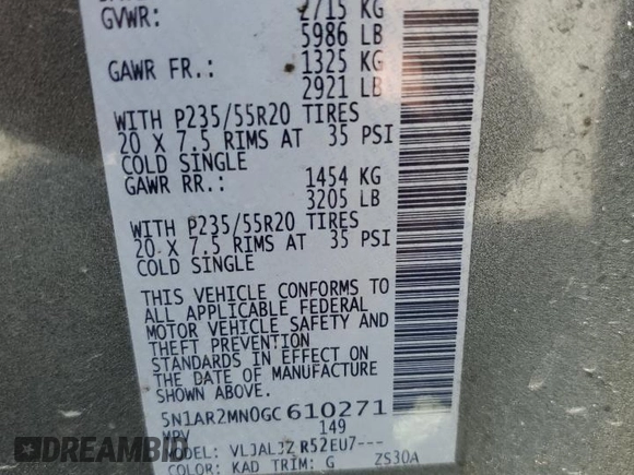 2016 Nissan Pathfinder Platinum с VIN 5N1AR2MN0GC610271, выставлен на аукционе Copart как лот 48664605 с пробегом 184 693 миль миль и Списание • Salvage title. История ставок и продаж доступна на DreamBid. Изображение 14.