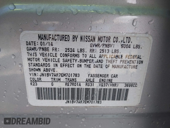 2014 Infiniti Q50 Sport with VIN JN1BV7AR7EM701783, listed as a IAAI auction lot 41757085 with 115,352 mi miles and . Bid and sale history available at DreamBid. Image 9.