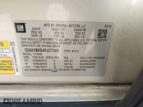 2015 Buick Enclave Leather with VIN 5GAKVBKD4FJ277406, listed as a IAAI auction lot 42020127 with Not Provided miles and . Bid and sale history available at carsss.com. Image 9.
