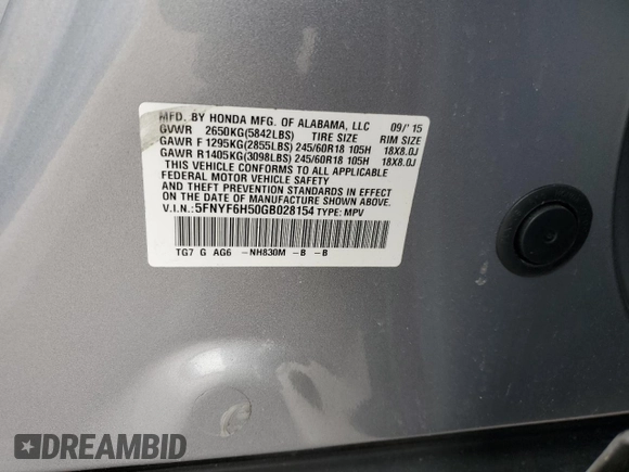 2016 Honda Pilot EX-L with VIN 5FNYF6H50GB028154, listed as a Copart auction lot 47407005 with Not Provided miles and Salvage Title. Bid and sale history available at DreamBid. Image 14.