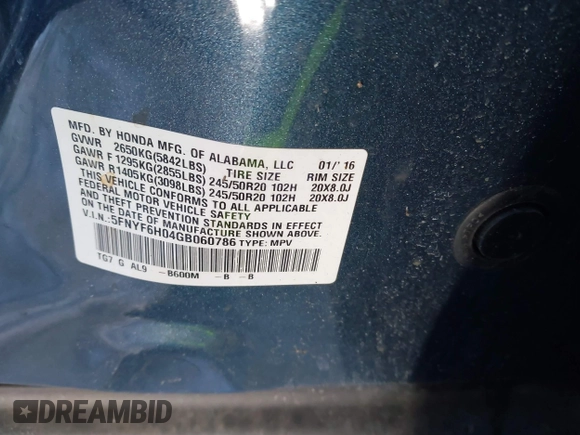 2016 Honda Pilot Elite with VIN 5FNYF6H04GB060786, listed as a IAAI auction lot 41335550 with 152,863 mi miles. Bid and sale history available at carsss.com. Image 9.