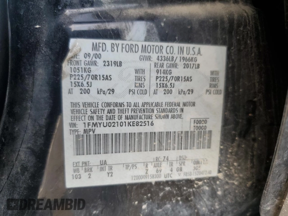2001 Ford Escape XLS with VIN 1FMYU02101KE82516, listed as a Copart auction lot 46163255 with 190,989 mi miles and Salvage Title. Bid and sale history available at carsss.com. Image 14.
