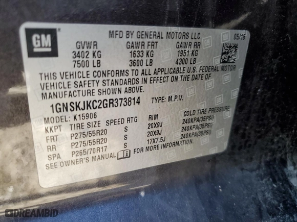 2016 Chevrolet Suburban LTZ with VIN 1GNSKJKC2GR373814, listed as a Copart auction lot 43139165 with 164,769 mi miles and Salvage Title. Bid and sale history available at carsss.com. Image 13.