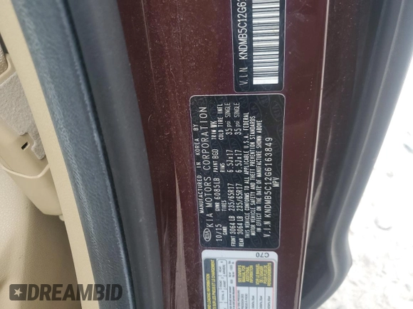 2016 Kia Sedona LX with VIN KNDMB5C12G6163849, listed as a Copart auction lot 55332635 with 94,680 mi miles and Clean Title. Bid and sale history available at carsss.com. Image 13.