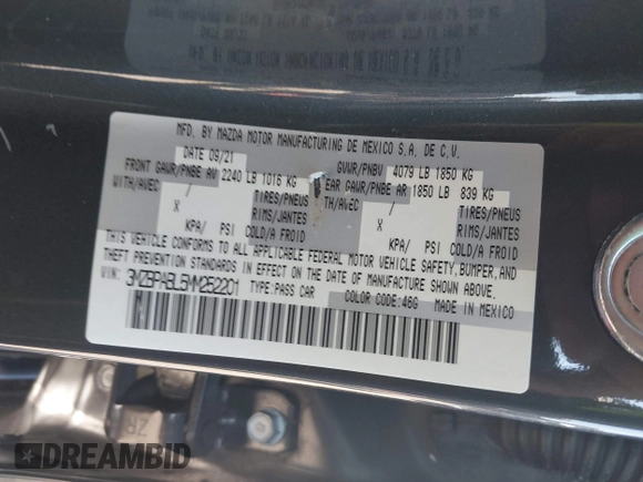 2021 Mazda 3 Select with VIN 3MZBPABL5MM252201, listed as a IAAI auction lot 42029577 with Not Provided miles and . Bid and sale history available at DreamBid. Image 9.