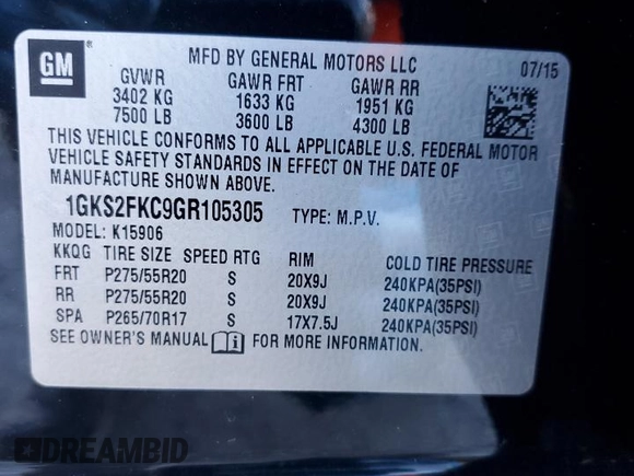 2016 GMC Yukon XL SLE with VIN 1GKS2FKC9GR105305, listed as a Copart auction lot 41872225 with Not Provided miles and Salvage Title. Bid and sale history available at DreamBid. Image 13.