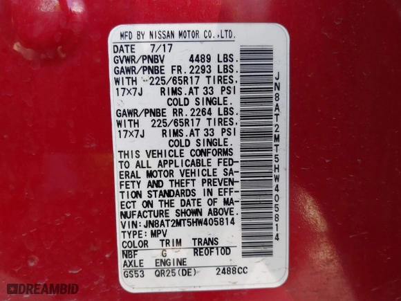 2017 Nissan Rogue SL with VIN JN8AT2MT5HW405814, listed as a IAAI auction lot 41512457 with 71,161 mi miles. Bid and sale history available at carsss.com. Image 9.